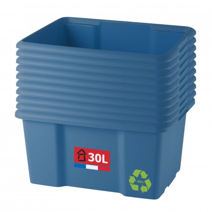 Lot de 10 bacs de rangement plastique 30L empilables - bleu