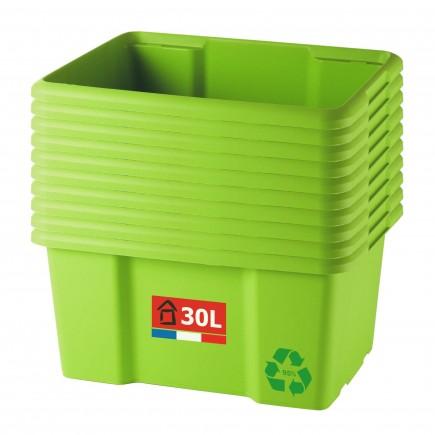 Lot de 10 bacs de rangement plastique 30L empilables - vert