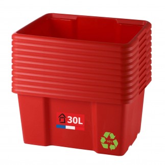 Lot de 10 bacs de rangement plastique 30L empilables - rouge