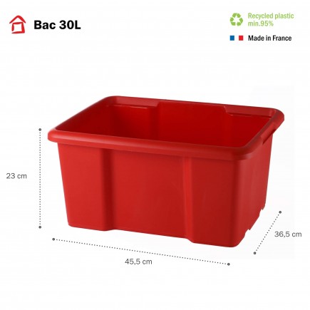 Lot de 10 bacs de rangement plastique 30L empilables - rouge