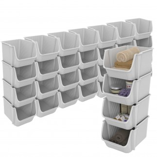 Lot de 8 tours de 4 bacs de rangement en plastique empilables FLY TOWER - blanc cassé