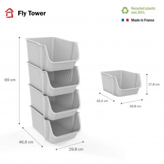 Lot de 8 tours de 4 bacs de rangement en plastique empilables FLY TOWER - blanc cassé